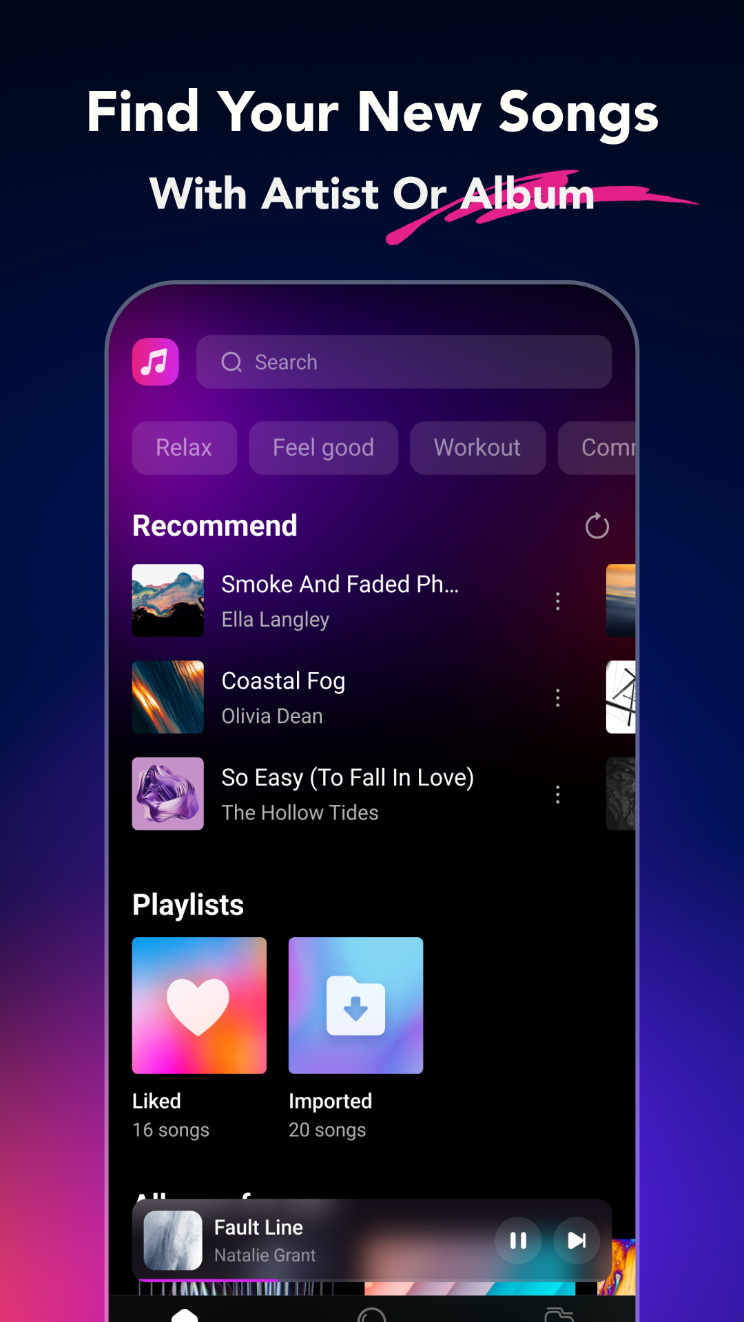 Rayo music library with search and playlists