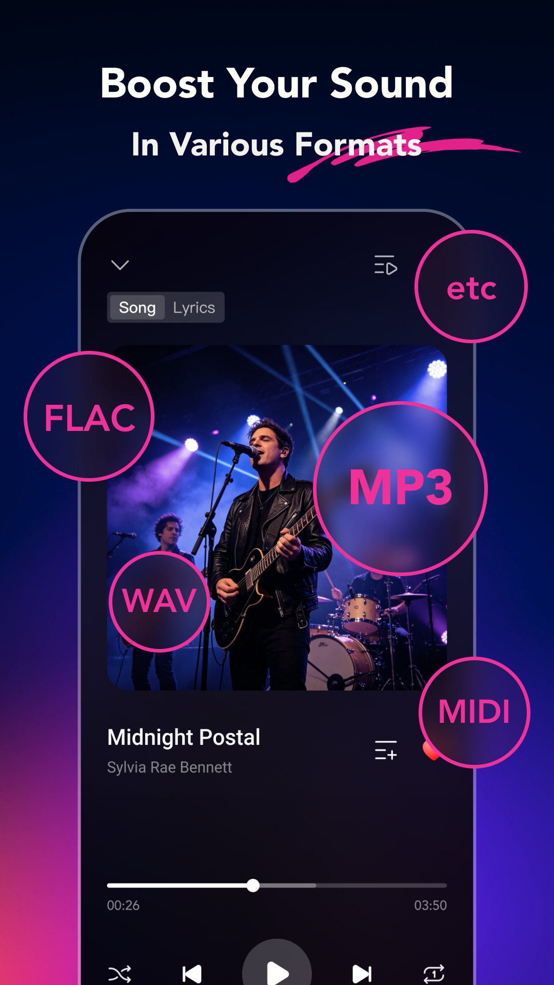 Rayo player screen highlighting audio format support